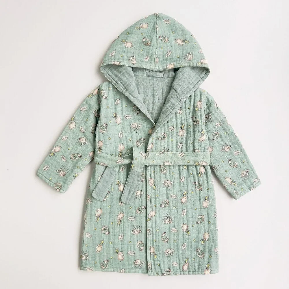 KIDS Organic Muslin Cotton Bathrobe - Reversible Sleepy sheep green